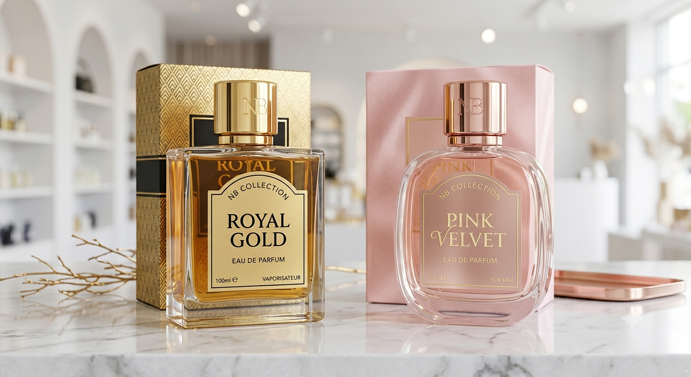 Two perfume bottles and their boxes displayed on a marble surface in a bright, softly blurred interior. The left item is a Royal Gold Eau de Parfum bottle with a gold cap and gold box.