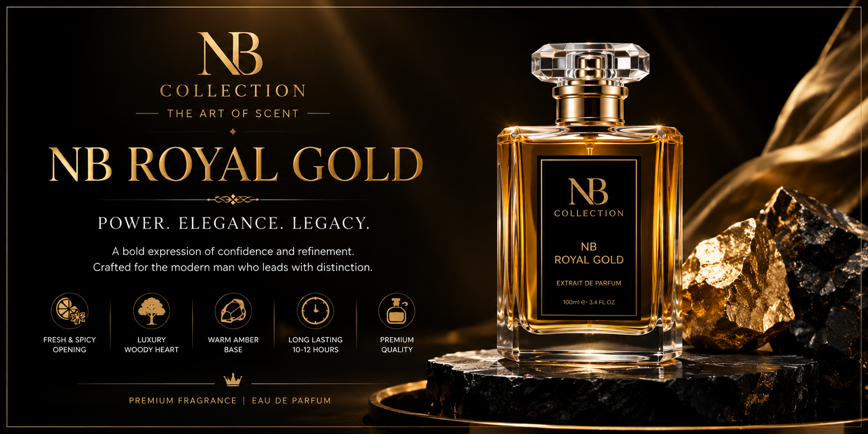 NB Collection NB Royal Gold Eau de Parfum bottle displayed on a dark pedestal with gold foil and gold crystals against a black background. The left side features branding and scent notes for NB Royal Gold.