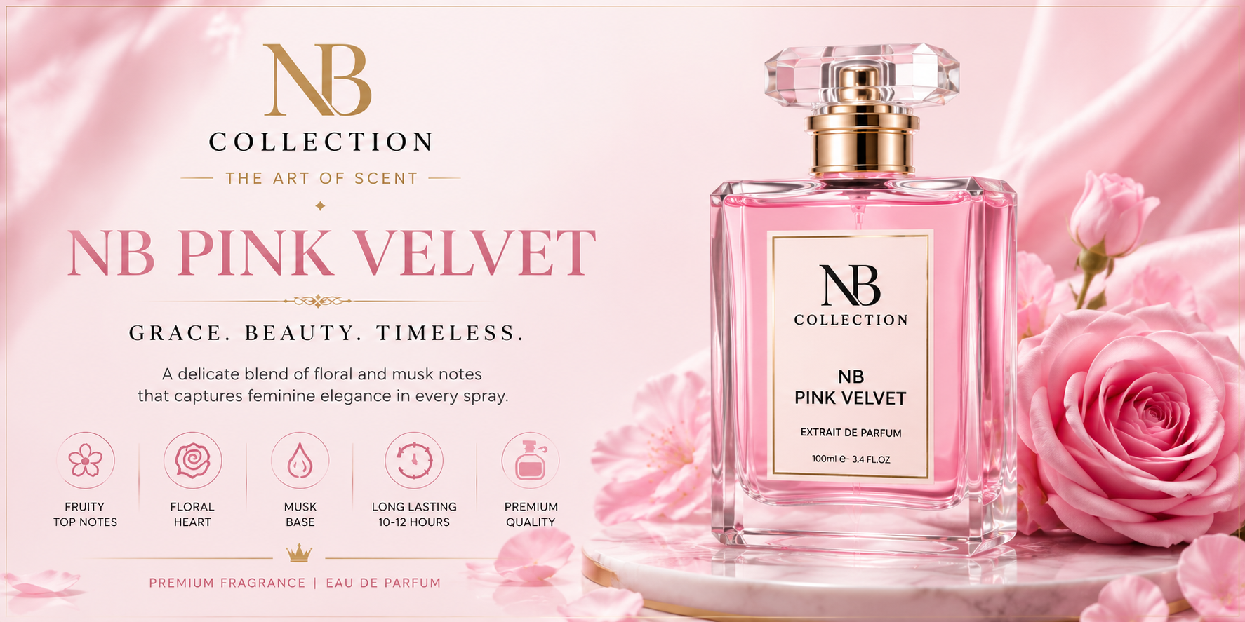 NB Collection NB Pink Velvet extree de parfum 100ml bottle, a clear glass bottle filled with pink liquid and topped with a gold cap, displayed on a pink satin background with pink roses.